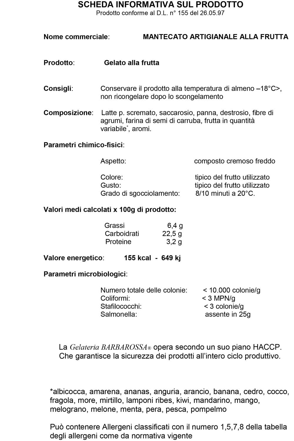 SCHEDA INFORMATIVA FRUTTA